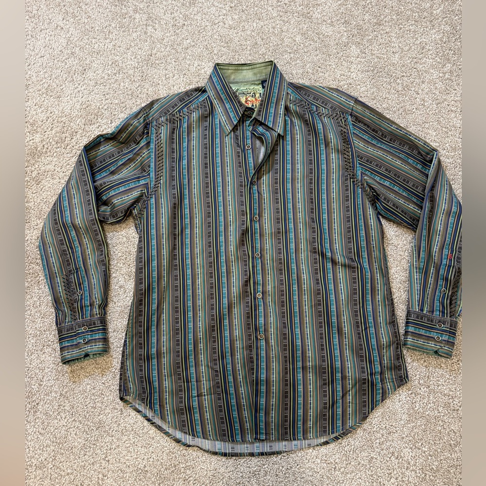 ROBERT GRAHAM Striped Embroidered Pattern‎ Mens Shirt Large